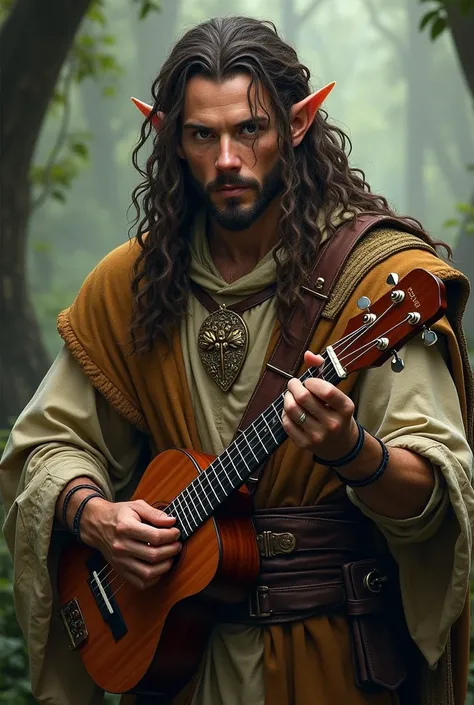 bard, half elf, masculine, de dreads, com um ukulele, with a vertical line of hair on the chin inspired by the rpg game dungeon & dragons