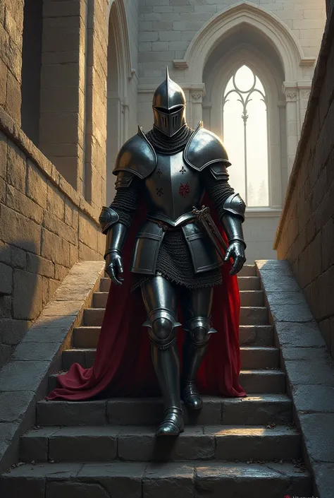 Create image of a medieval knight in full armor CLIMBING a staircase