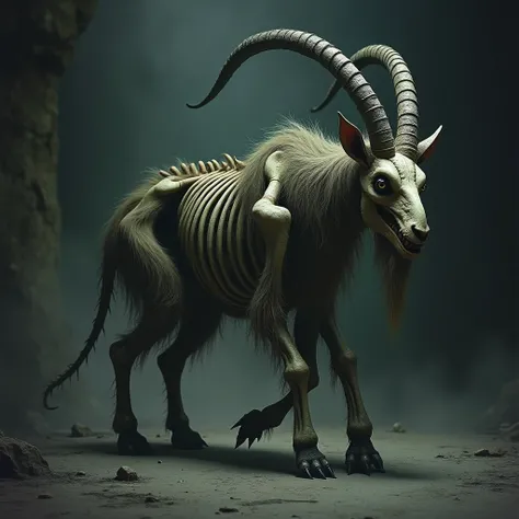 Chimera walking on all fours with round goat legs disgusting skeletal and deformed hairy with long tail no eyes and with long horns, half dark academia dc comics style dc comics style