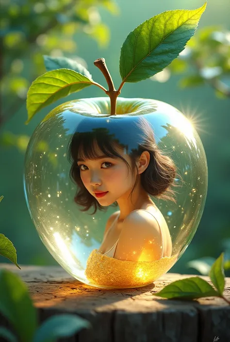 In this painting，We can see an apple，It has a special transparent appearance，Inside the Apple is a beautiful Korean girl, Gold and Blue Art, Reflect sunlight all over your body, Living in the green debris, 3D movie quality, Super Practical HD ultra movie 1...