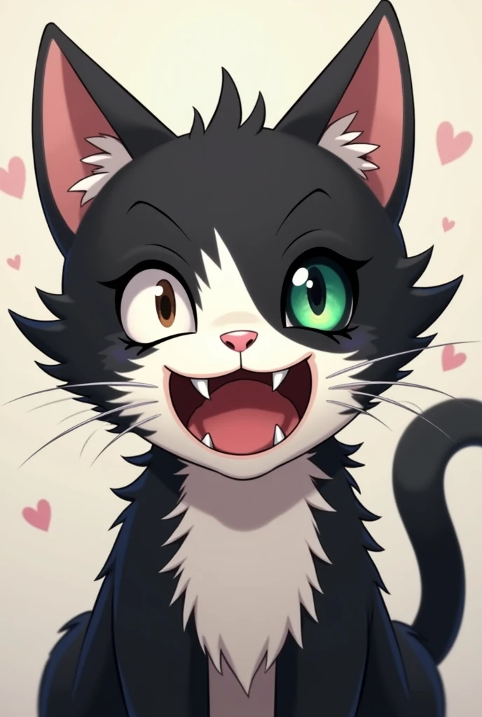 "Create an image of a cat with characteristics similar to the bear from the anime Danganronpa. The cat should have black and white fur, with a playful and mischievous expression. One side of the face should be smiling, while the other side should look more...