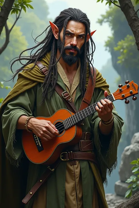 bard, half elf, masculine, de dreads, com um ukulele, with a vertical line of hair on the chin inspired by the RPG game Dungeon & dragons