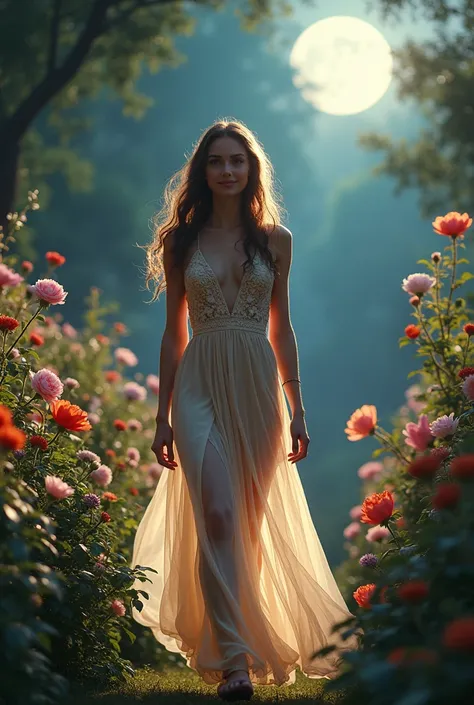 a beautiful woman in a colourful sheer airy dress with intricate embroidery, nude underneath, strolling through a lavish flower garden at night, long wavy hair, glowing skin, ethereal, cinematic lighting, moody colors, magical realism, romantic, high quali...