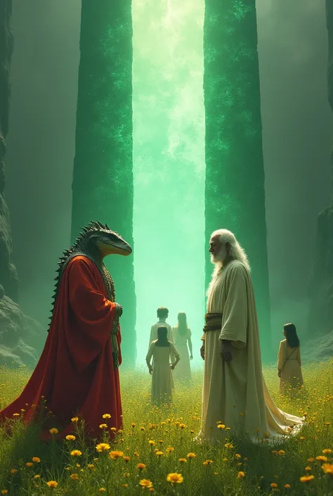 A strong, short-snouted humanoid reptilian, wearing red ceremonial attire and a white-haired Nordic man wearing elven robes, They are in front of two French obelisks made of emerald placed in the middle of a field with yellow flowers. Between these obelisk...