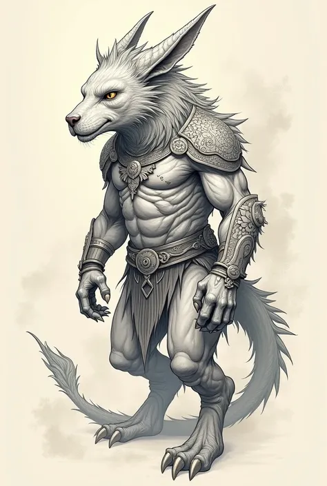 Guardian Animal Tattoo,offwhite, head proportional to the body,wearing rudimentary armor 