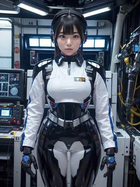 masterpiece, Highest quality, Very detailed, Japanese Android girl,Plump,Slightly thicker,Control panel,robot arms,robot,Android,cyborg,Blunt bangs,robot repair plant,Fighter cockpit,Bodysuits,Harness Belt,headset