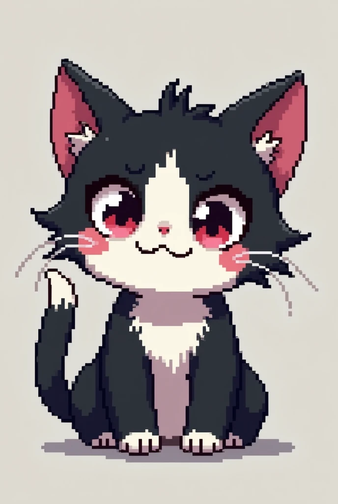 "Create an image of a cat with characteristics similar to the bear from the anime Danganronpa. The cat should have black and white fur, with a playful and mischievous expression. One side of the face should be smiling, while the other side should look more...