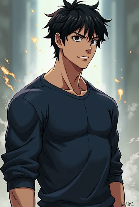 Young dark-haired man, with black hair and athletic body, dressed in sweatshirt, drawn with the art of jujutsu kaisen