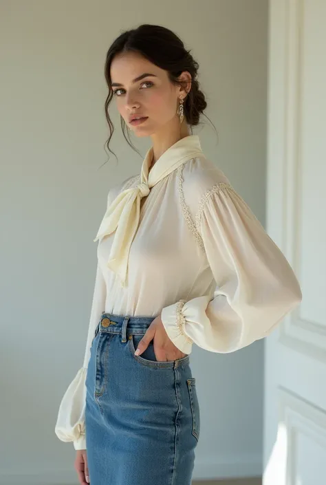 European woman model wearing elegant blouse with neck scarf and long skinny denim skirt