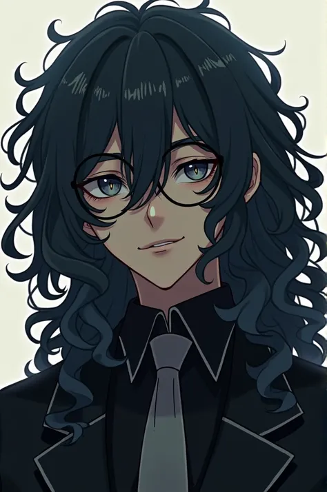 An anime character with long curly hair almost covering his face wearing round glasses and very handsome wearing the uniform of the brahman gang from Tokyo revenger 