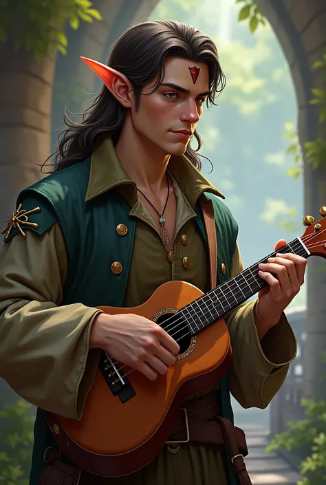 bard, half elf, masculine, com um ukulele, with a vertical line of hair on the chin inspired by the RPG game Dungeon & dragons