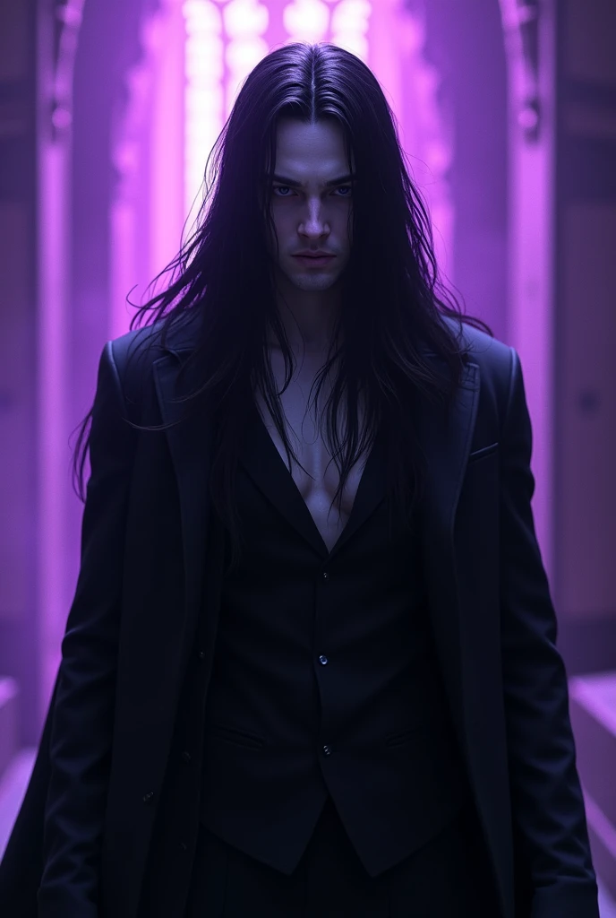 Male Vampire with long black hair, under a purple light