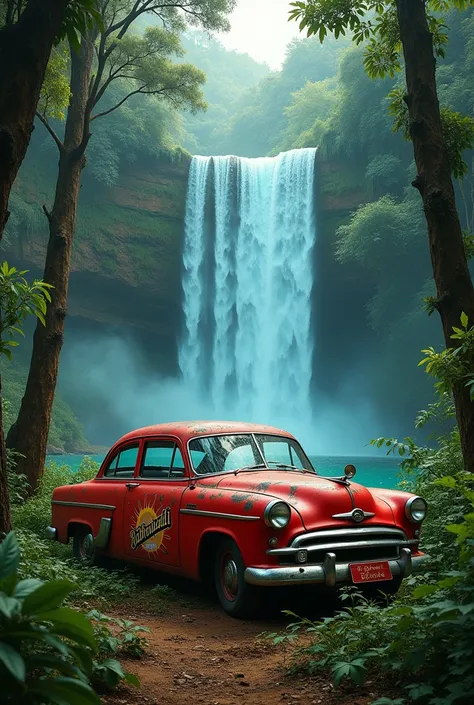 A red car at the middle of the jungle on that car  photo print and beside trees are half blue half red back side of the car waterfall  I want bahubali sticker on the car that car has been old look 