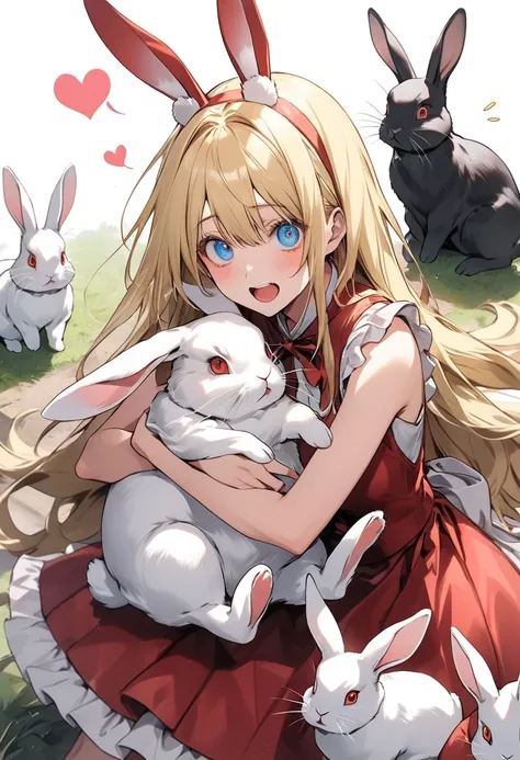 (blonde blue eyes),with crazy eyes,spoken heart,(rabbit kigrumi costume),((woman playing with rabbit)),Zoo lots of rabbits