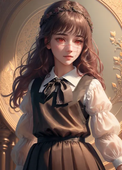 ultra realistic 8k cg, masterpiece, ((ultra detailed background, delicate pattern, intricate detail)), (highly detailed, fine details,), (beautiful detailed face and eyes and hair:1.1) ,1girl, hand in own hair, red eyes, school uniform, pinafore dress, shi...