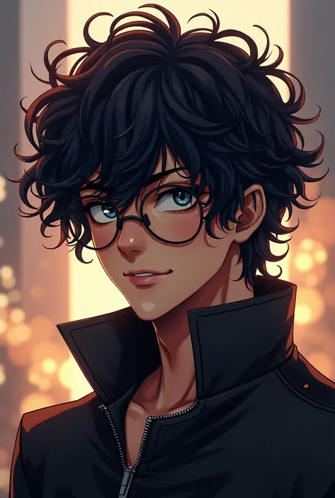 An anime character with big curly hair almost covering his face wearing round glasses and very handsome wearing the full body Tokyo Revenger Brahman Gang uniform 