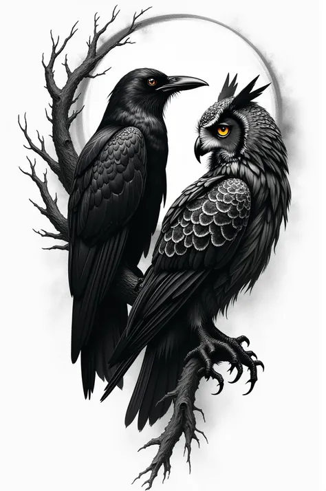 Blackout style tattoo design of a crow and an owl 