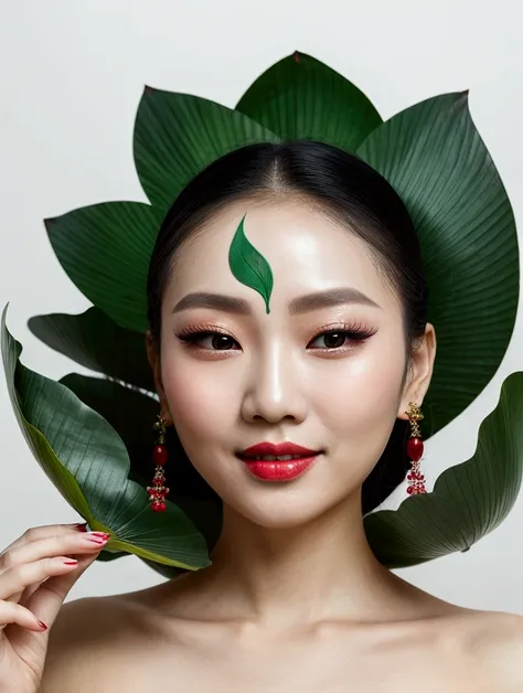 Mid-shot, half-length, elegant Shanghai woman, a large green lotus leaf on her face, covering half of her face, beautiful eyes, long eyelashes, smiling with red lips, clean face, smooth lines, black Hanfu, pure white background, ethereal Zen, large blank s...