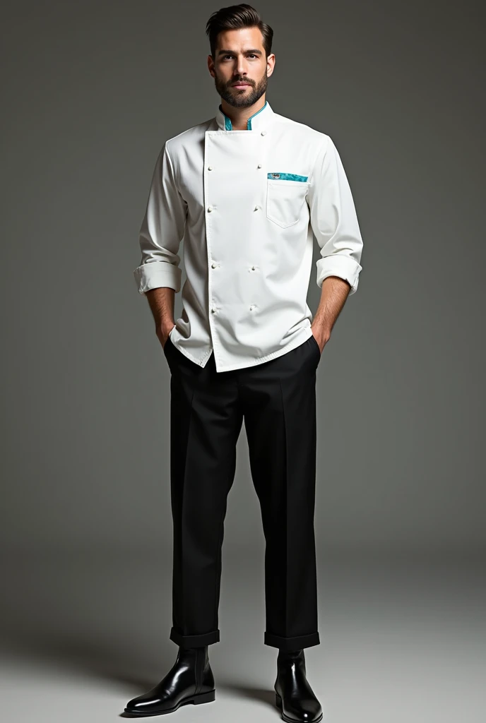 Maestroj oven with white 3-quarter sleeve shirt with turquoise blue detail on the pocket and black pants , black booties
