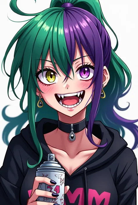 Generates a womman with green hair and eye on the left side and purple hair and eye on the right side in anime style. she wearing a hoodie and her tooth is sharp triangle shape, she is smiling exposing her tooth, punky style, long ponytail, tall, she is in...