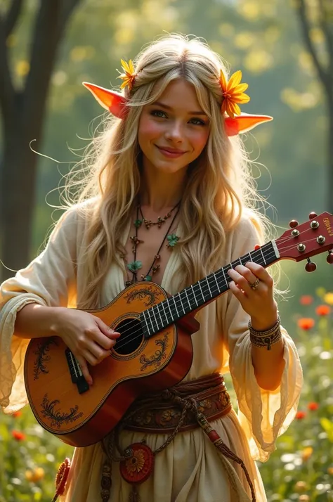 Half-elf bard with ukulele inspired by a 60s hippie