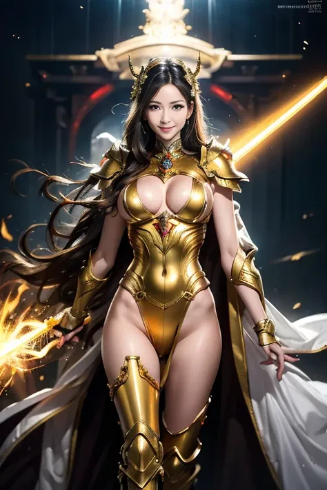 (8k), (Highest quality: 1.2), (Realistic), (Realistic: 1.37), Ultra-high resolution, 1 person, cute, Smiling face, Beautiful details, narrow, (Large Breasts), Golden cloak, Golden Sword, Golden Mecha Heavy Armor, transparent, Sexy muscular female body, who...