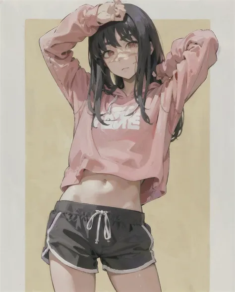 anime girl in pink shirt and black shorts posing for picture, anime moe artstyle, black haired girl wearing hoodie, anime visual...