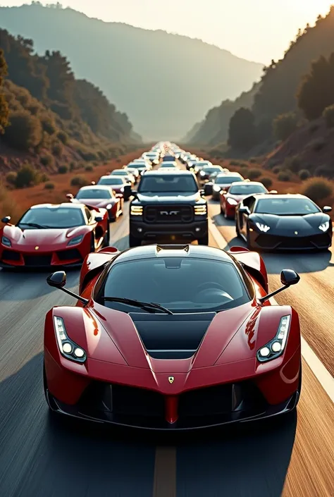 High-end cars such as Ferrari, Lamborghini, rr, RAM 700 roulent comme un convoi. The camera shows the RAM 700 car well