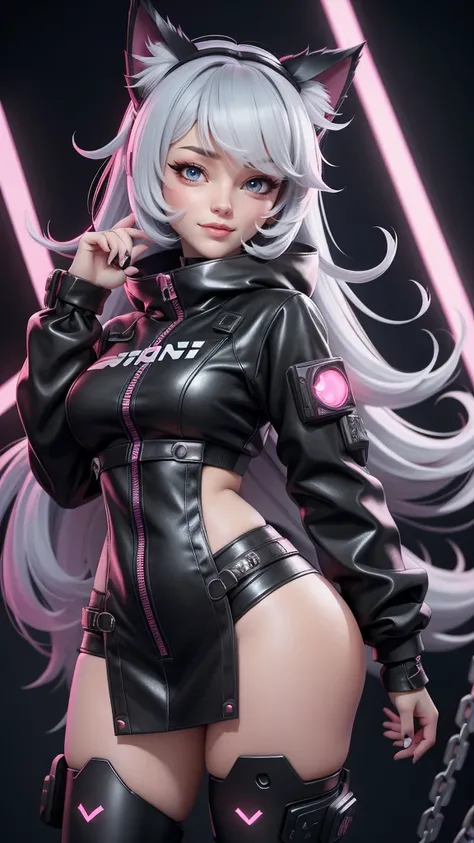 a girl in a black and white outfit with a cat ears and a chain around her, seductive anime girl, cyberpunk anime girl, anime cyberpunk art, female cyberpunk anime girl, female anime character, beautiful alluring anime girl, female action anime girl, with r...