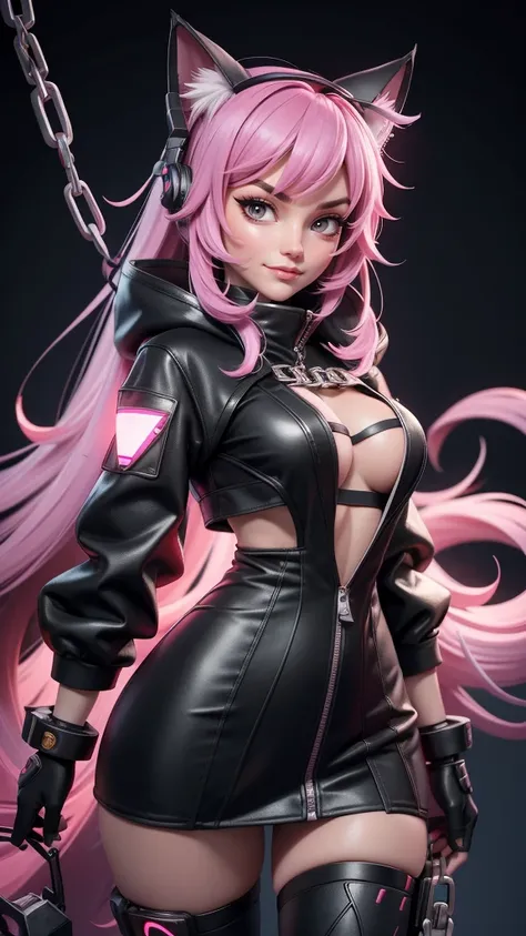 a girl in a black and white outfit with a cat ears and a chain around her, seductive anime girl, cyberpunk anime girl, anime cyberpunk art, female cyberpunk anime girl, female anime character, beautiful alluring anime girl, female action anime girl, with r...