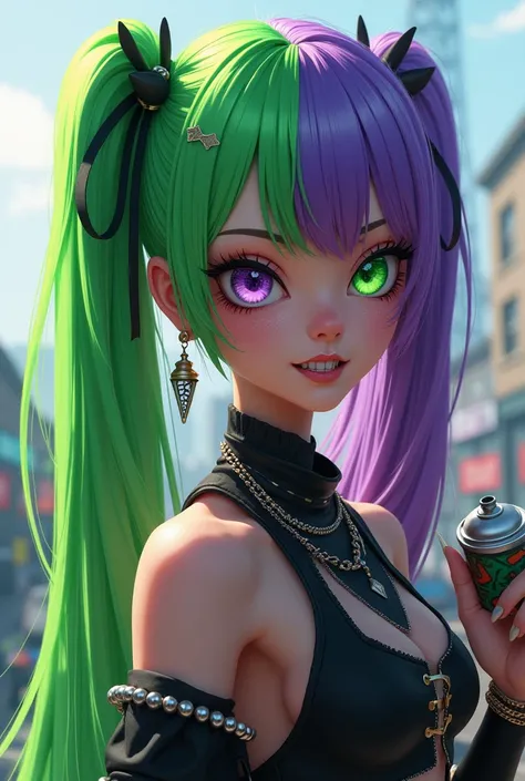 Generates a womman with green hair and eye on the left side and purple hair and eye on the right side in genshin style. she wearing a hoodie and her tooth is sharp triangle shape, she is smiling exposing her tooth, punky style, long ponytail, tall, she is ...