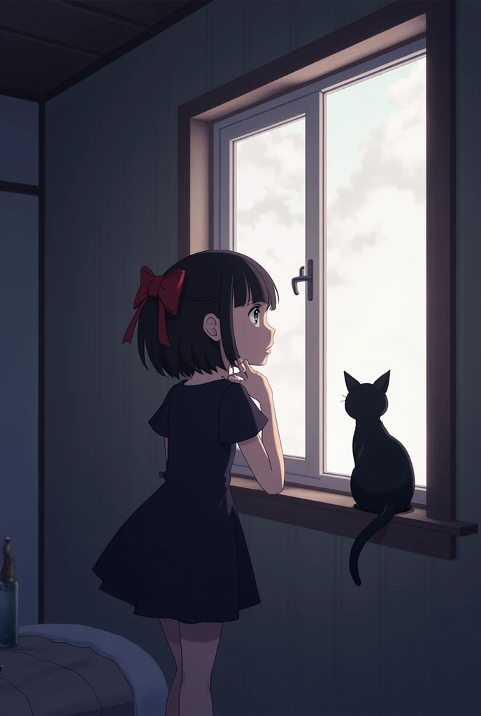 A young girl with a red bow in her hair, wearing a dark dress, leaning on a windowsill with a thoughtful expression. Next to her is a small black cat with large ears. The scene is set in a cozy, dimly lit room, with the window showing a view of the outside...