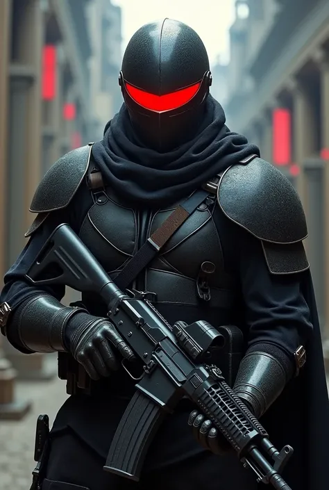 Soldier,  knight, holding an AK47, facing viewers, black Hemet, red glowing visor,