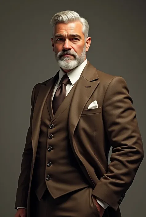 a male character, offwhite, short hair with a traditional cut, Brown suit, dark brown eyes, beard like glasses, broadshouldered, not very muscular, chic, American
