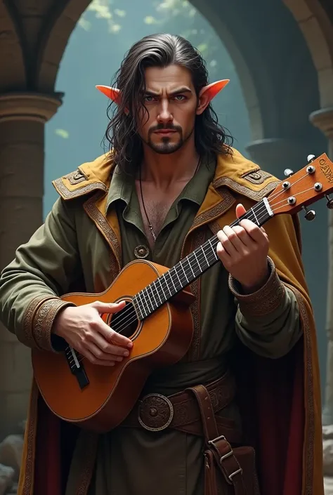 bard, half elf, masculine, com um ukulele, small goatee on the chin, without mustache, inspired by the dungeon rpg game & dragons