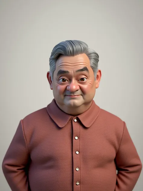 Create a 3D style character, of a 6 man, brown eyes, short gray hair, with a normal mouth, a big and airy nose, thick shadows, wearing dress clothes