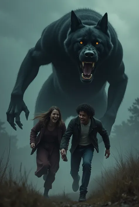 Man and woman, being chased, by a black dog, the height of a man, showing its fangs and behind them.