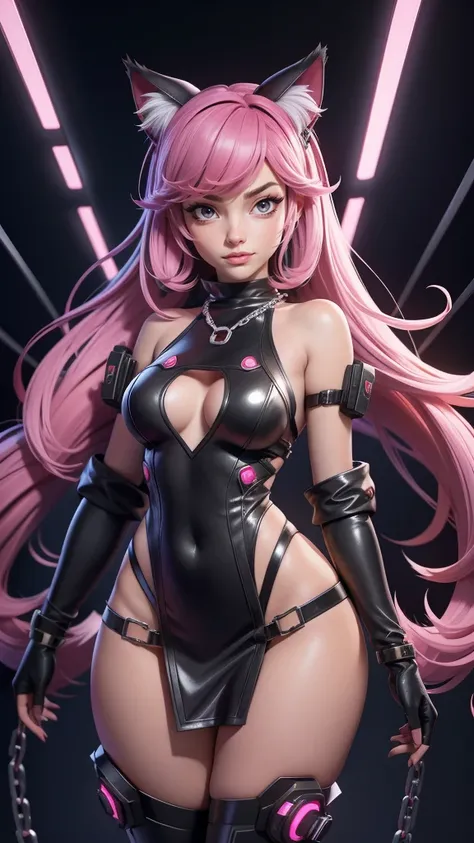 a girl in a revealing black and white outfit with a cat ears and a chain around her, seductive anime girl, showing lots of skin, cyberpunk anime girl, anime cyberpunk art, female cyberpunk anime girl, female anime character, beautiful alluring anime girl, ...