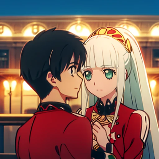 1 boy with black hair, Red jacket romantically kissing a girl in a red and white dress Long light green hair and green eyes, bright city at night in the background., True love, blushing cheeks, high quality 