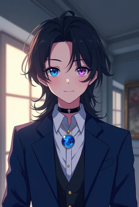 Boy between 18 and 20 years old with long black hair, Blue heterochromia in the right eye and violet in the left eye. With a dark blue formal suit,  A gentlemanly personality and a kind smile, with a black choker with a 5cm round translucent blue pendant a...