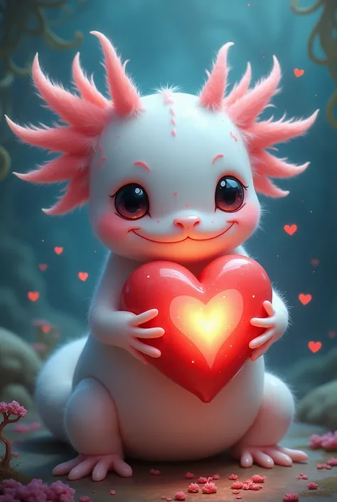 Axolotl holding a heart 