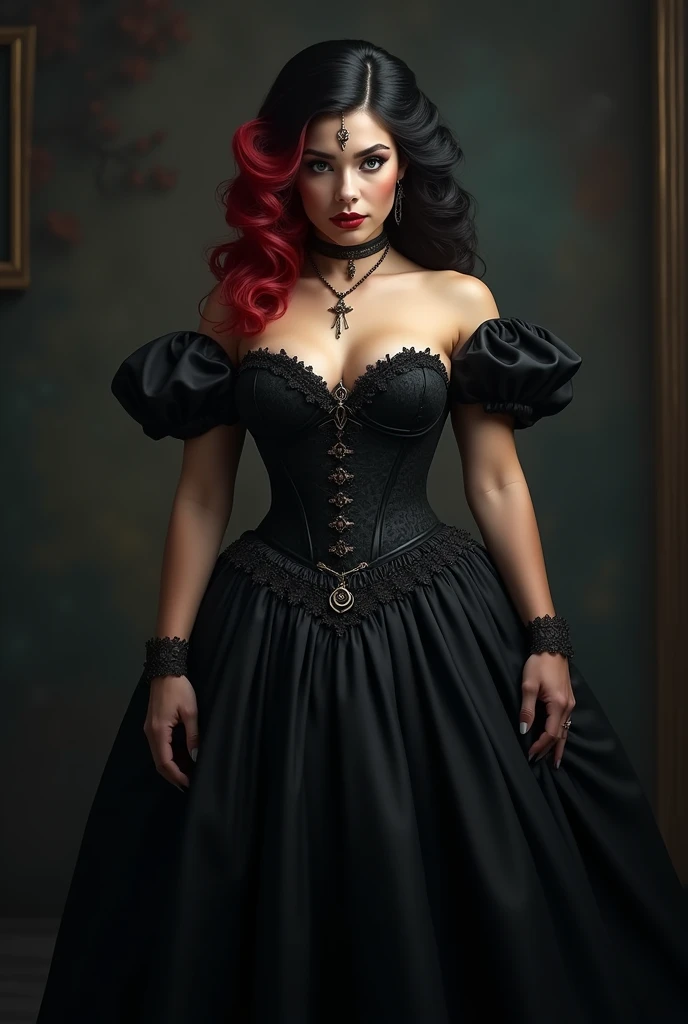 Murjer with black coset, sweetheart neckline, Gothic, black and red hair, robust woman, black princess style skirt,