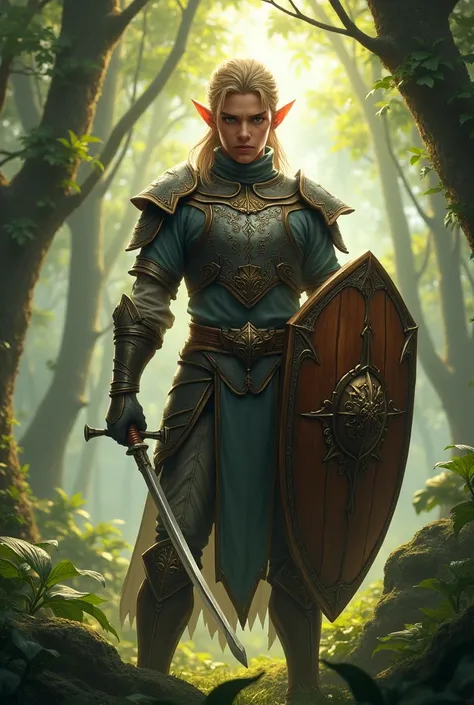 Elf male son warrior, tower shield