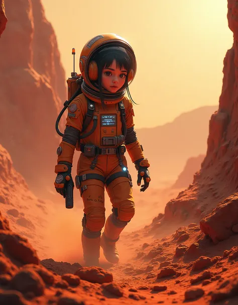 girl exploring a mysterious landscape on Mars, wearing a futuristic spacesuit with glowing LED lights, surrounded by red dust particles. The scene is depicted in a highly detailed digital painting (best quality, ultra-detailed, 4k resolution) with a realis...