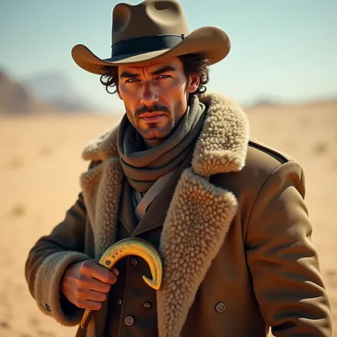 masterpiece, best quality, extremely detailed, hyperrealistic, photorealistic, a cool 40s man, ultra detailed face:1.2, fur-trimmed coat, scarf around the neck, his left hand is a golden pirate hook:1.1, desert, artistic jump, strenuous movements, dynamic ...