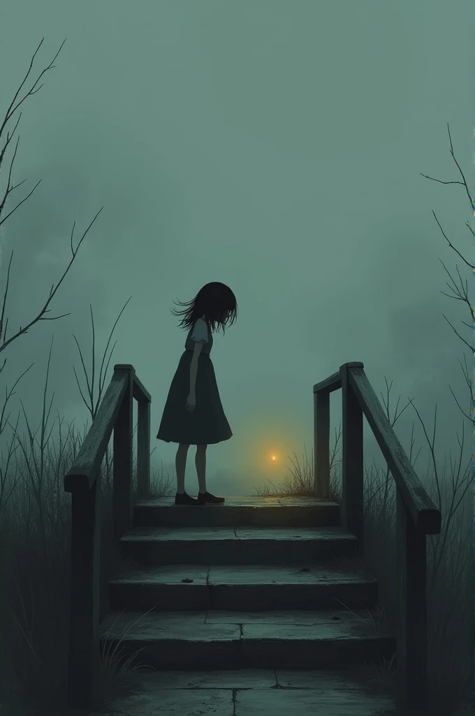 Imagine a scene where a human girl, profile view, is climbing the steps of a bridge under a cloudy and grey sky. The atmosphere is melancholic, with an air of sadness that seems to permeate the entire environment. There is a soft yellow light that slightly...