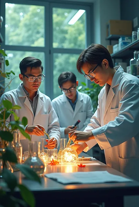 Make a picture of some scientists experimenting with the rot flower plant
