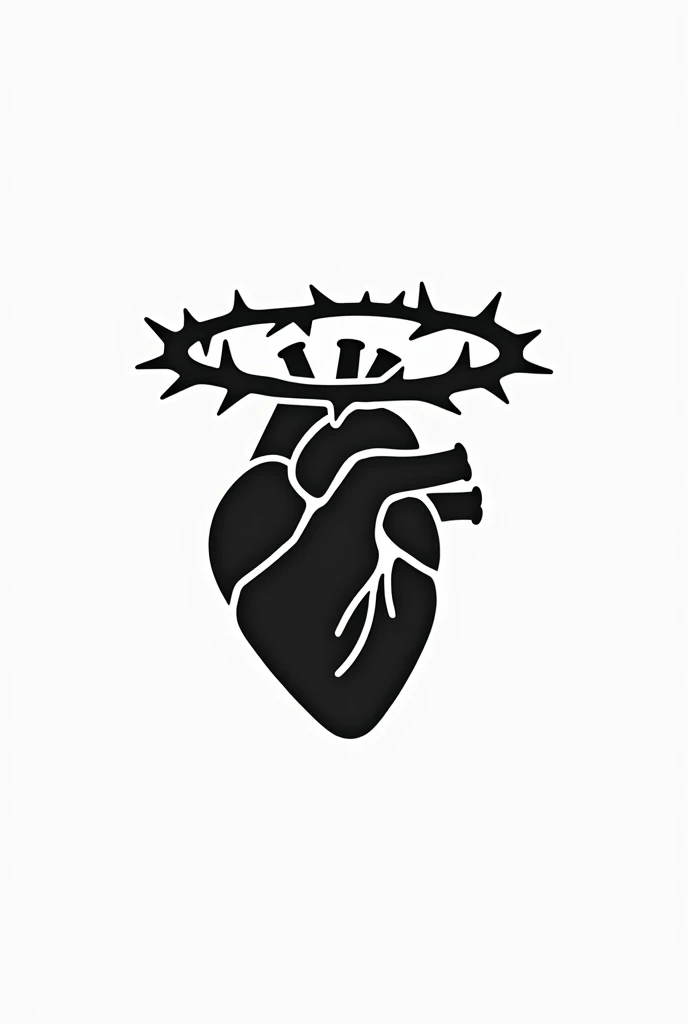 create a minimalist black and white logo with a human heart and a horizontal crown of thorns surrounding the heart 
