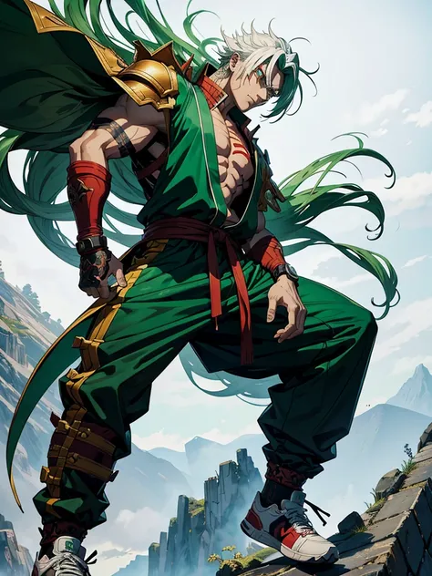 Spawn a 4-armed samurai with brick-colored skin, with green hair and white hair. Let him be in an imposing pose and dress in baggy pants and corresponding sneakers. In addition, it must be relatively strong and located on a very high background, such as on...