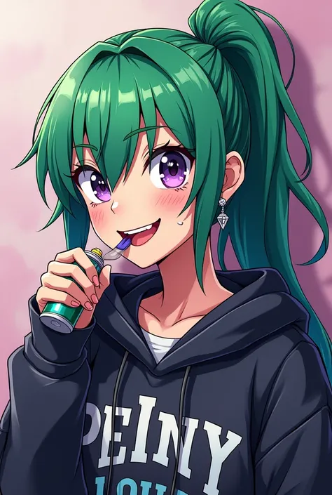 Generates a womman with green hair and eye on the left side and purple hair and eye on the right side in anime style. she wearing a hoodie and her tooth is sharp triangle shape, she is smiling exposing her tooth, punky style, long ponytail, tall, she is in...